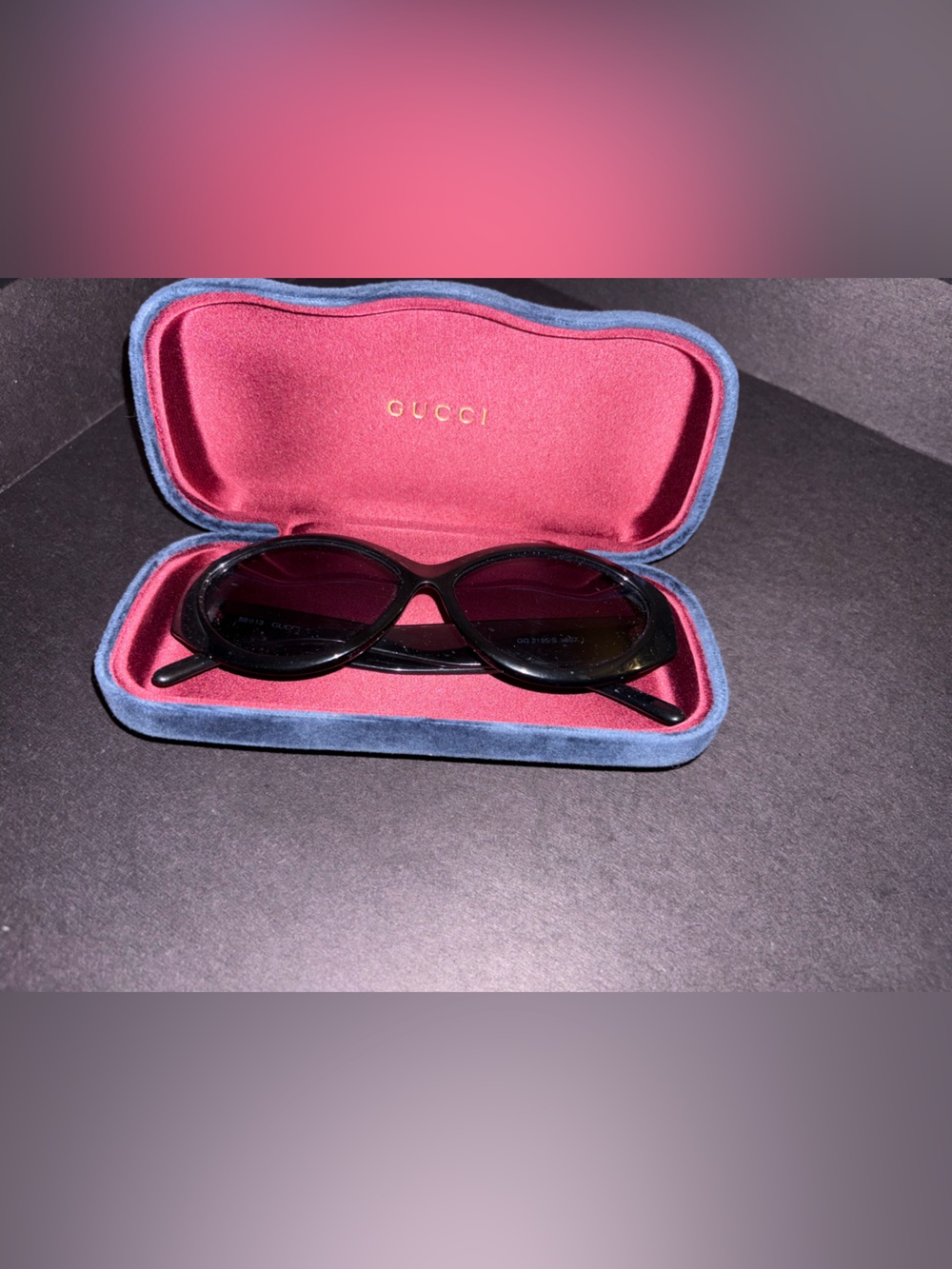 Gucci Black Cat-Eye Sunglasses with Pink Velvet Case and Blue Trim